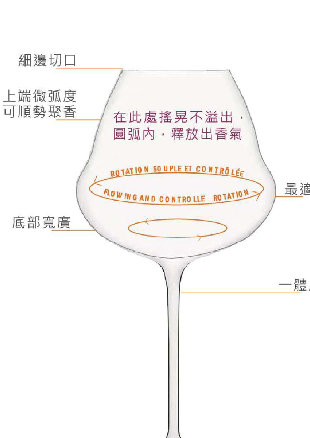 LEHMANN OENOMUST 杯型結構圖解：細邊切口、上端微弧度聚香、底部寬廣、一體成型