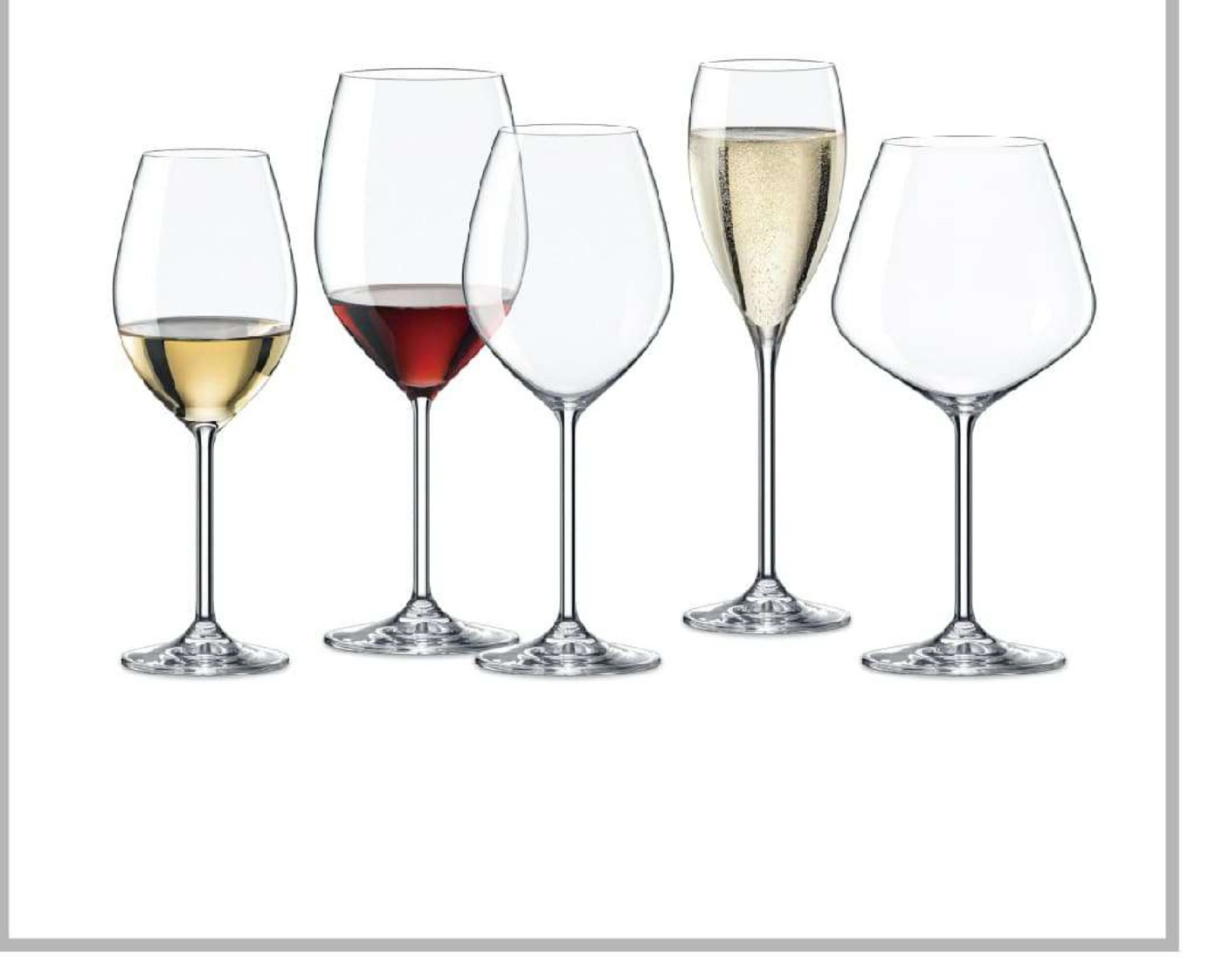 RONA Le Vin 樂活系列六款杯型合照：白酒杯、紅酒杯、香檳杯與勃艮地杯